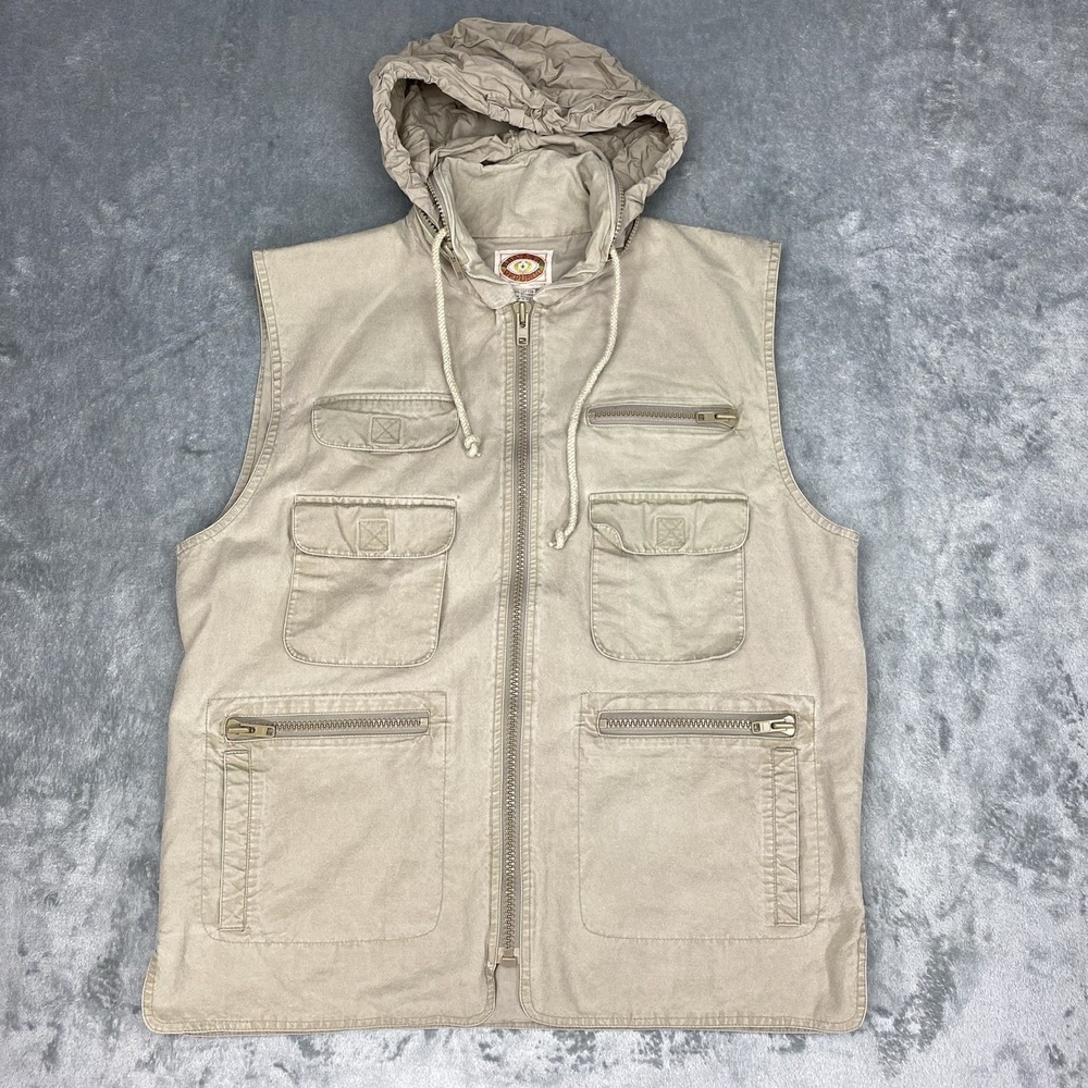 Vintage Banana Republic Vest Mens‎ Size L Beige Safari Photography Hooded Cargo